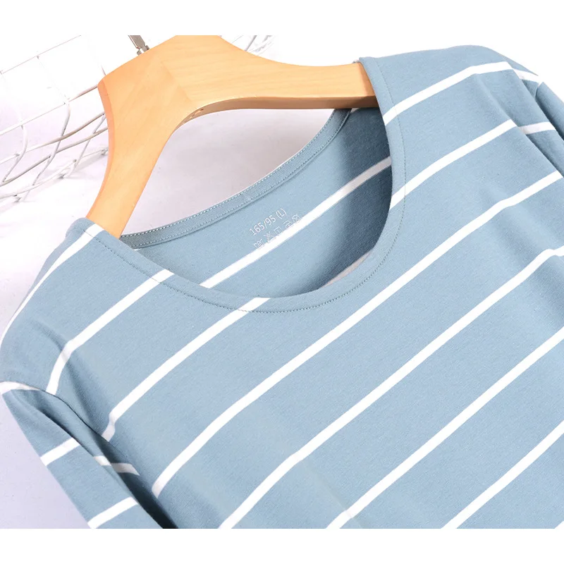 2021 New Spring and Autumn Nightdress Women's Stripe Large Size Long Sleeve Long Pregnant Women's Cotton Nightdress Home Wear