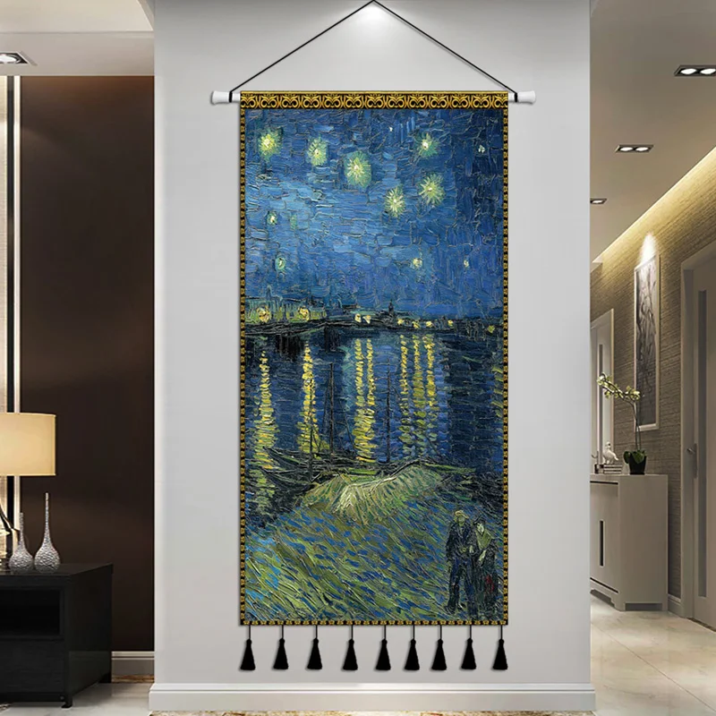 Tapiz colgante con pintura al &oacute;leo de Van Gogh, cubierta de pared con borlas hechas a mano, manta de tela, accesorios de decoraci&oacute;n para el hogar-1