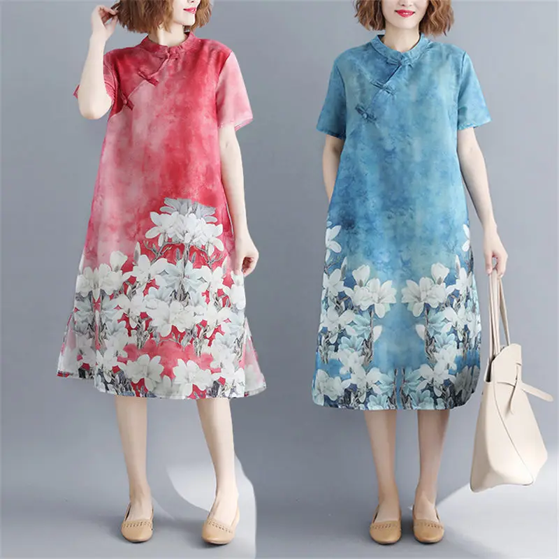 Летнее Новое китайское платье в стиле ретро с пряжкой Cheongsam этническом свободное