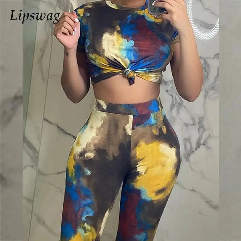 

Vintage Colorful Printed Women Suit Sets Autumn Sexy O Neck Bow Crop Tops and Flare Pants 2pcs Outfits Spring Skinny Bodycon Set