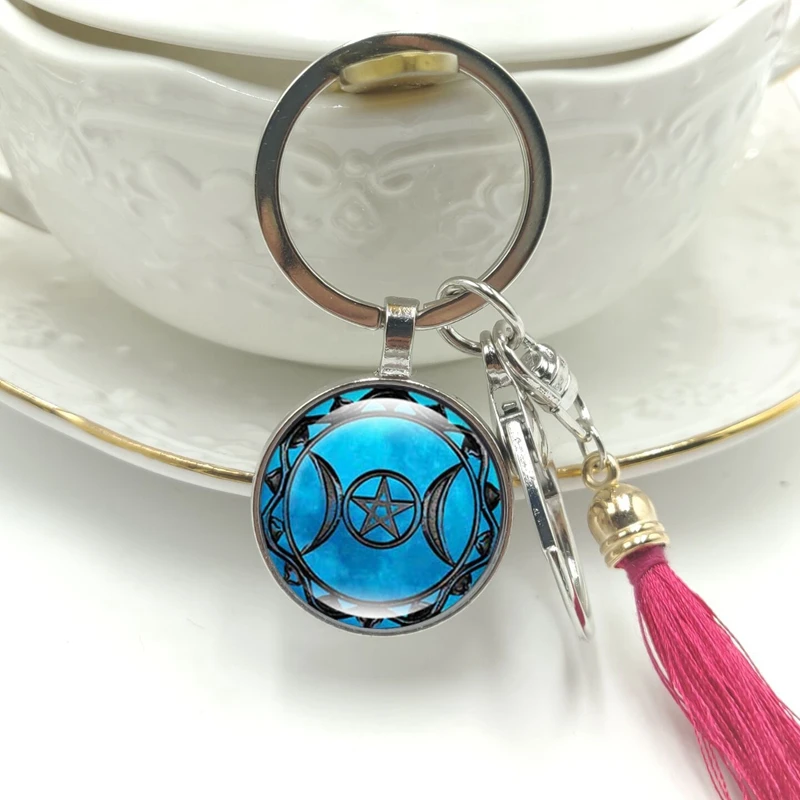 

Hot! 2019 New Key Ring Triple Moon Goddess Time Glass Convex Round Pendant Key Chain Tassel Hanging Jewelry