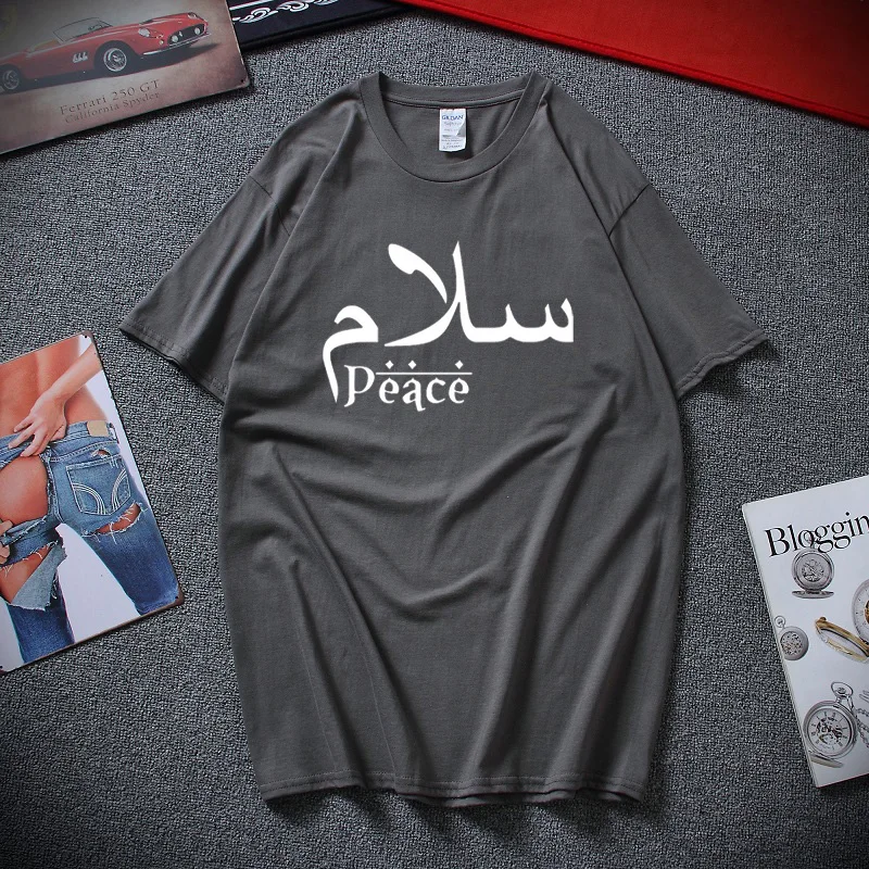 Темно-серый Salam Peace Арабская футболка исламский мусульманский приветствие Eid Мужская Унисекс тройник Премиум хлопок с короткими рукавами футболки топы - Цвет: Темно-серый
