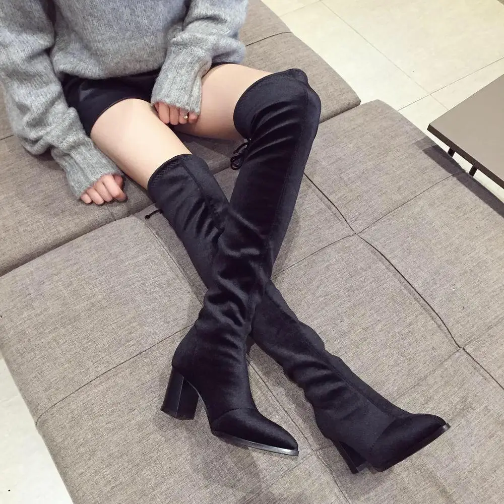

NIUFUNI 3 Colors Women Over The Knee Boots Flock Elastic Long Boots Chunky Heel Pointed Toe Thigh Boots Autumn Winter Shoes