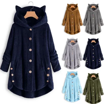 Fashion Hoodies Women Jacket Button Coat Patchworl Tops Hooded Pullover Loose Blouse Large size Warm Thick Windbreaker Outerwear 1