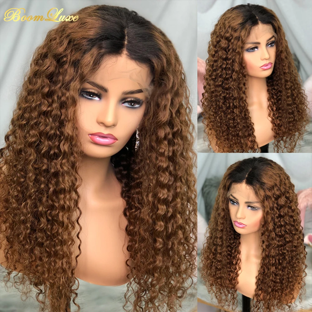 

13x4 Lace Front Ombre Curly Wigs T Part Brazilian Remy Human Hair Wigs for Black Women With Baby Hair Bleached Knots