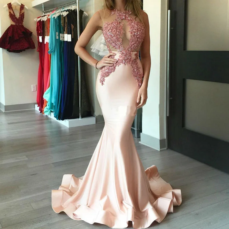 

Elegant Long Mermaid Evening Dresses Beaded Sheer Neck Prom Dresses 2023 Backless Formal Dress for Wedding robe de soiree longue