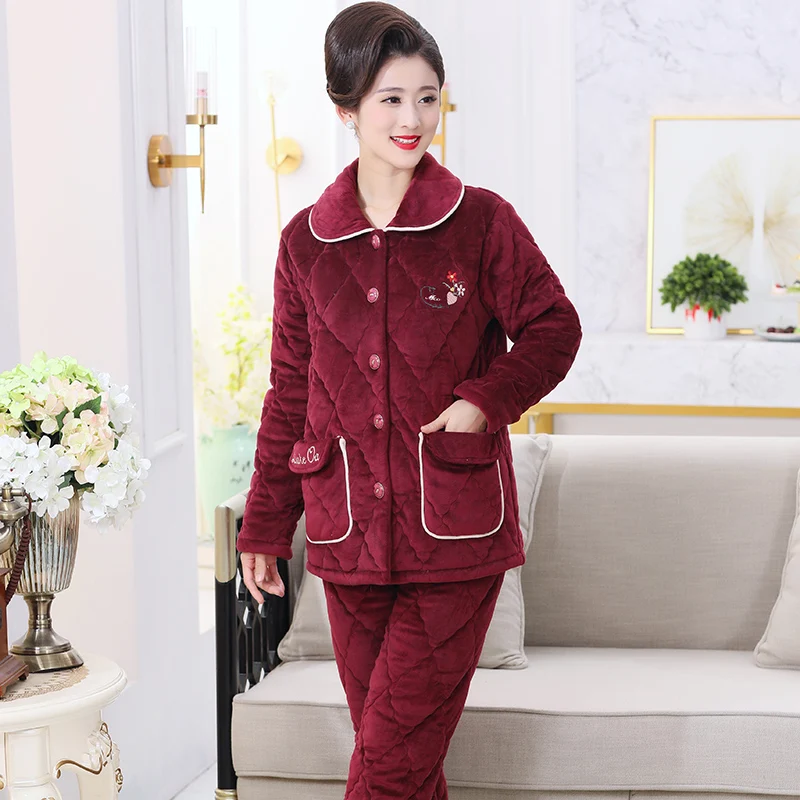 Middle-aged Pajamas Winter Warm Coat Suit 3 Later Cotton M-3XL Winter Pajamas Turn-down Collar Home Service