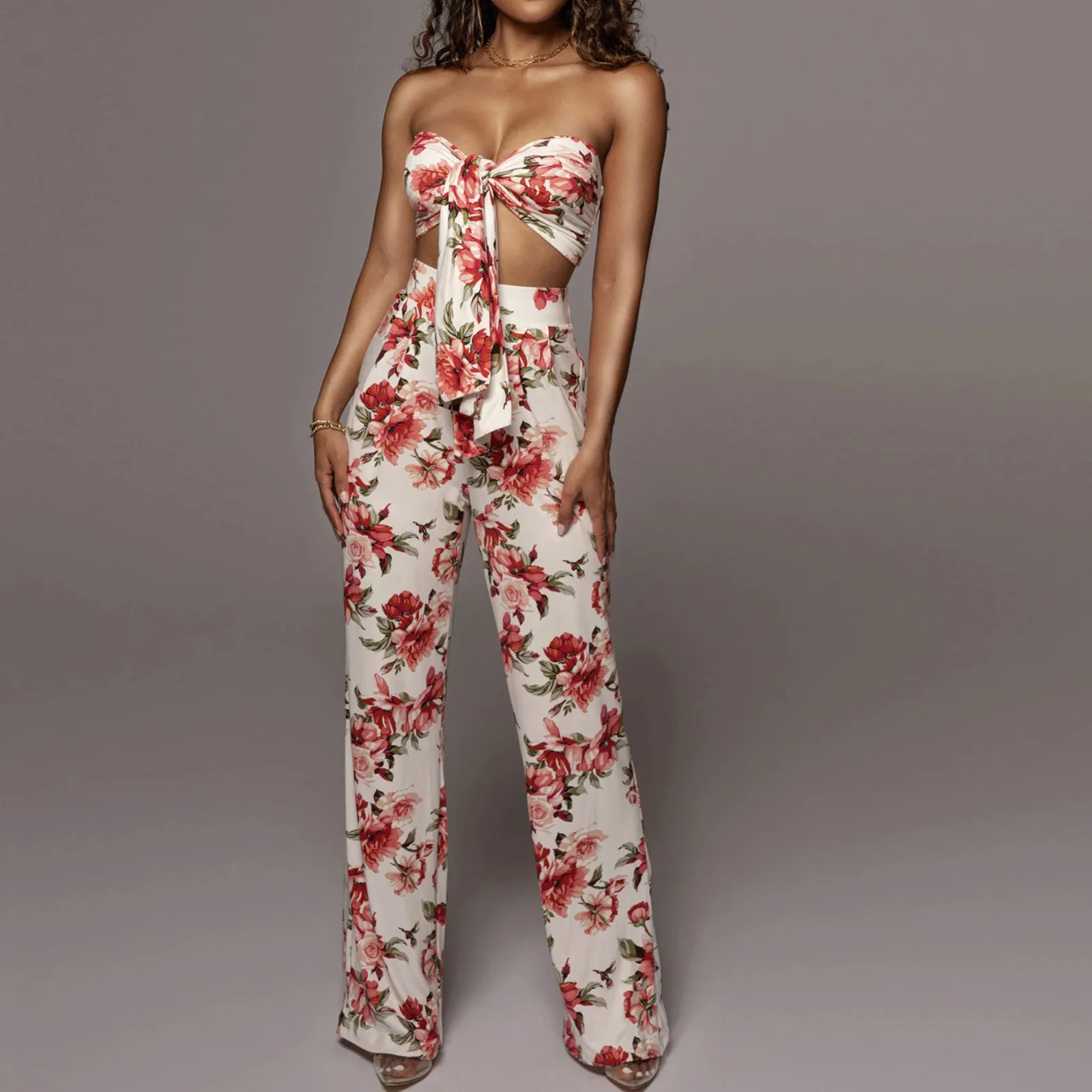 

Женский костюм из двух предметов, кружевной топ-труба с цветочным принтом и брюки с высокой талией, модный костюм на шнуровке, лето 2021