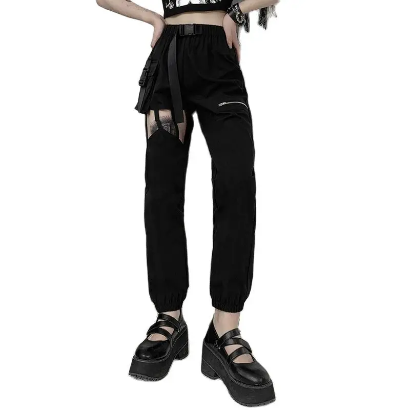 

Shrink feet overalls women's hollowed out loose trousers multi-pocket zipper belt slimming casual pants