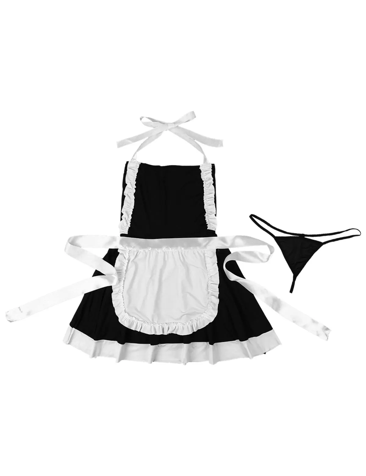 

MSemis Women Hot Erotic Maid Uniform Costume Cosplay Outfits Halter Neck Backless A-line Style Dress with Apron G-string Briefs