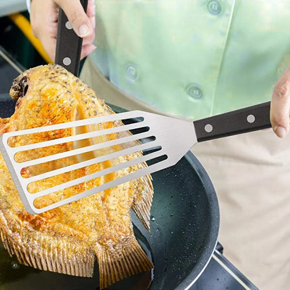 

2PCS Stainless Steel Slotted Steak Fried Shovel Non-Stick Pan Fried Shovel Kitchen Non-Slip Frying Spatula Kitchen Cooking Tool