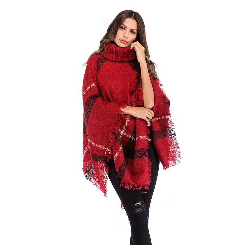 

2020 Fashion Turtleneck Womens Sweaters Autumn Elegent Vintage Plaid Bawting Sleeve Sweater Winter Keep Warm Red Cloak Jacket