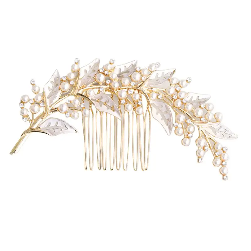Золотой Metallic Hollow Out Leaves Wedding Hair Comb Imitation Pearl Rhinestone Bridal Prom Party Ponytail Veil Holder Hairpin Accessory - Цвет: Золотой