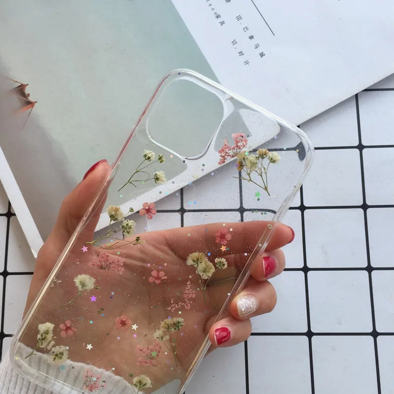 Tfshining настоящий прессованный высушенный чехол с цветами для iphone 11 11pro max X XR Xs max 6 6s 7 8 plus, прозрачный чехол, блестящий девчачий чехол