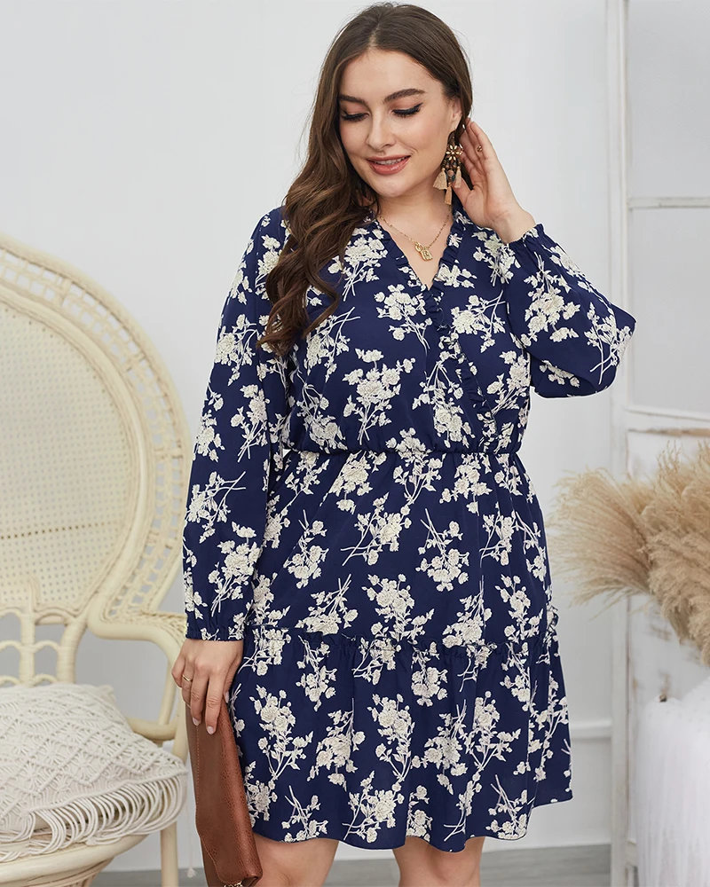 

2021Spring summer dresses large sizes waists sexy Women's wear Elegant dress Print V-Neck Casual Loose Plus size dresses 4XL