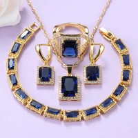 dubai gold color jewelry sets for women 2020 new fashion accessories blue cubic zirconia earrings and necklace bracelet ring set