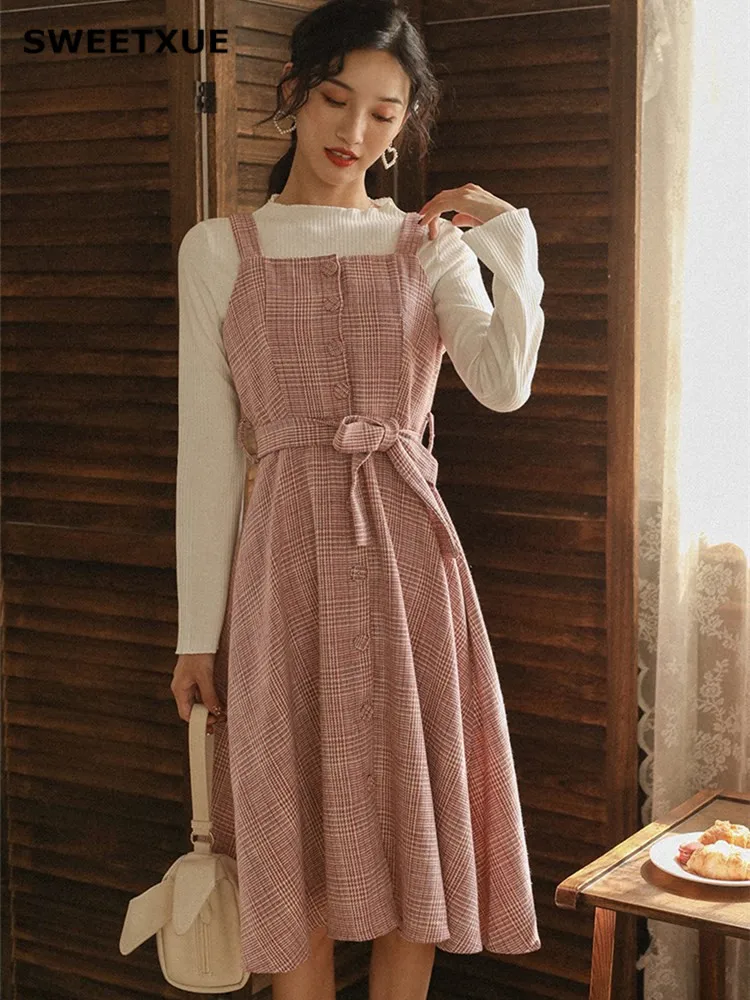 SWEETXUE коллекция 2019 года осенне зимний костюм шерстяное платье в клетку с длинными