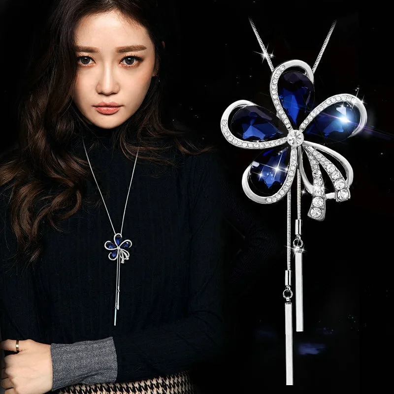 Мода темно-синий цветок из пяти лепестков женское колье-подвеска серебряная