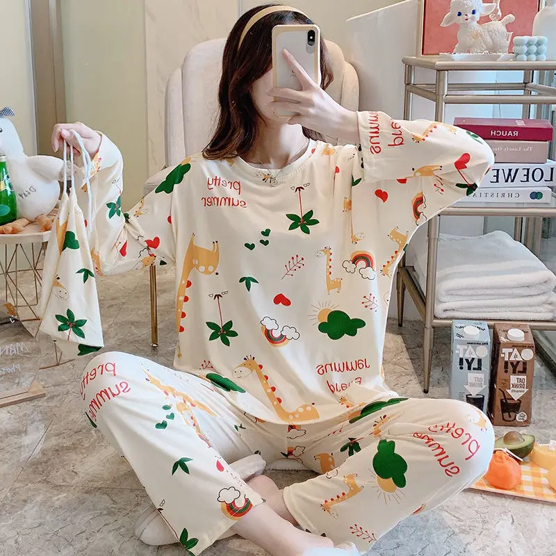 Pajamas for Women's Autumn and Winter New Long-sleeved Trousers Two-piece Korean Cartoon Cute Home Service Can Be Worn Outside