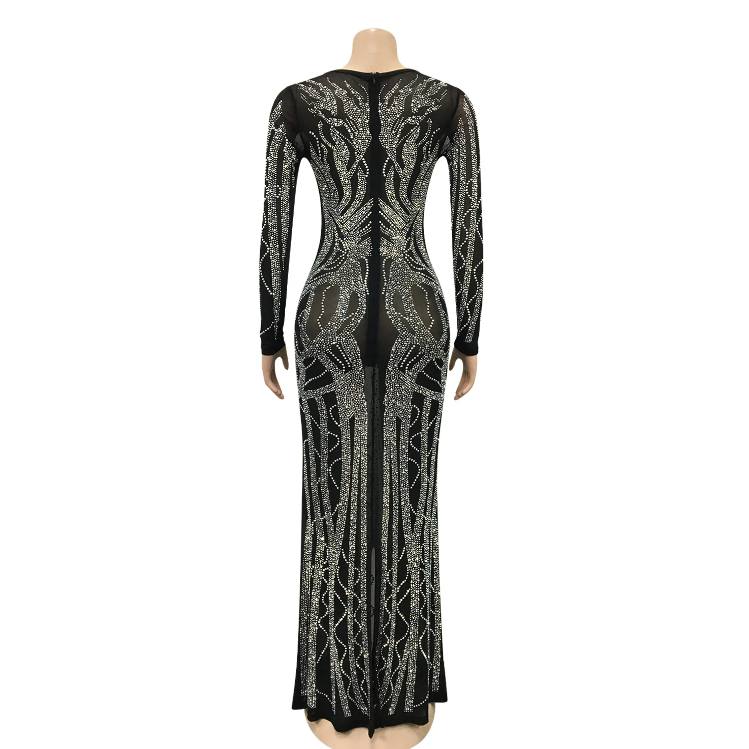 

Kalenmos New Nightclub Sexy Dresses Women Diamond V-neck Long-sleeved See-through Mesh Shiny Women's Party Floor Dress Woman