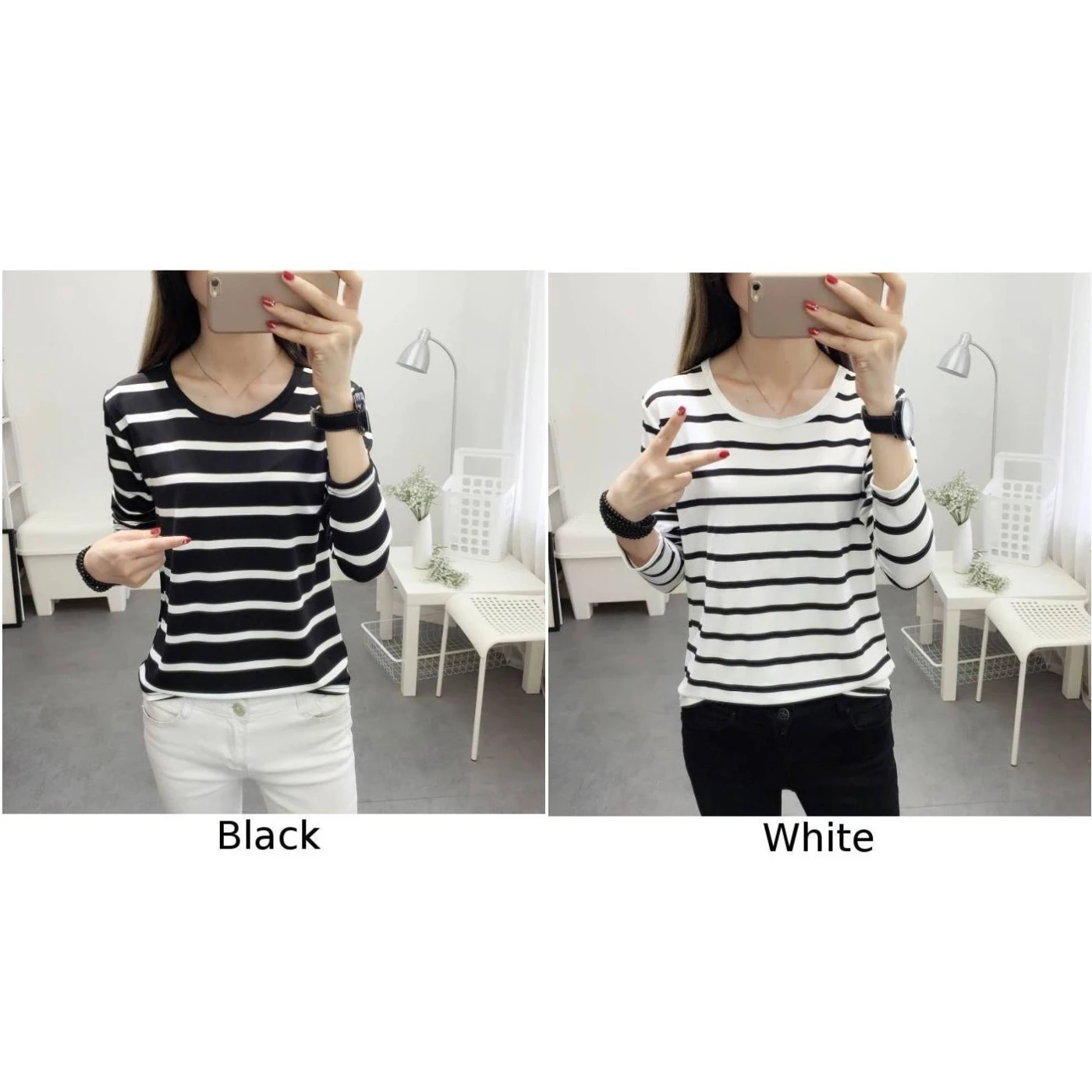 

Women Tops Fashion Casual Classic Tees Round Neck Striped Long-Sleeved Loose Fit Female Tops