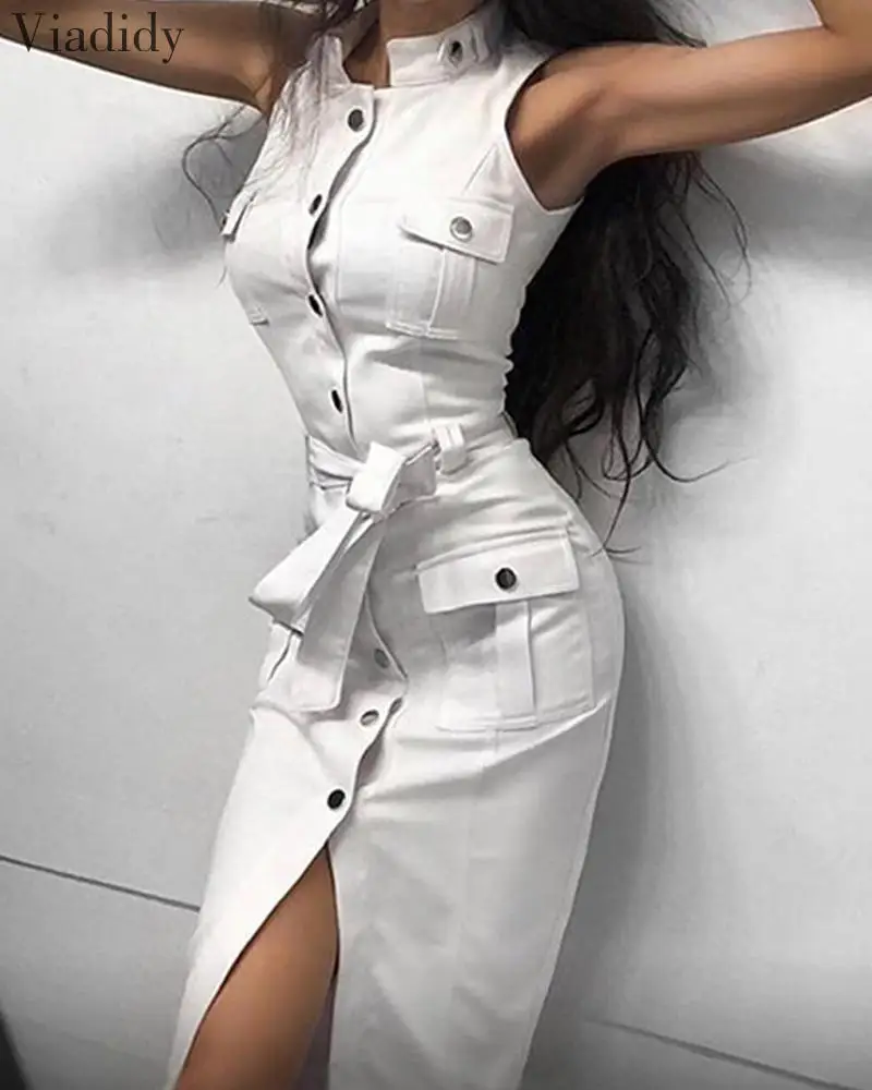 

Women Sleeveless Button Lace-up Solid Color Midi Dress with Belt