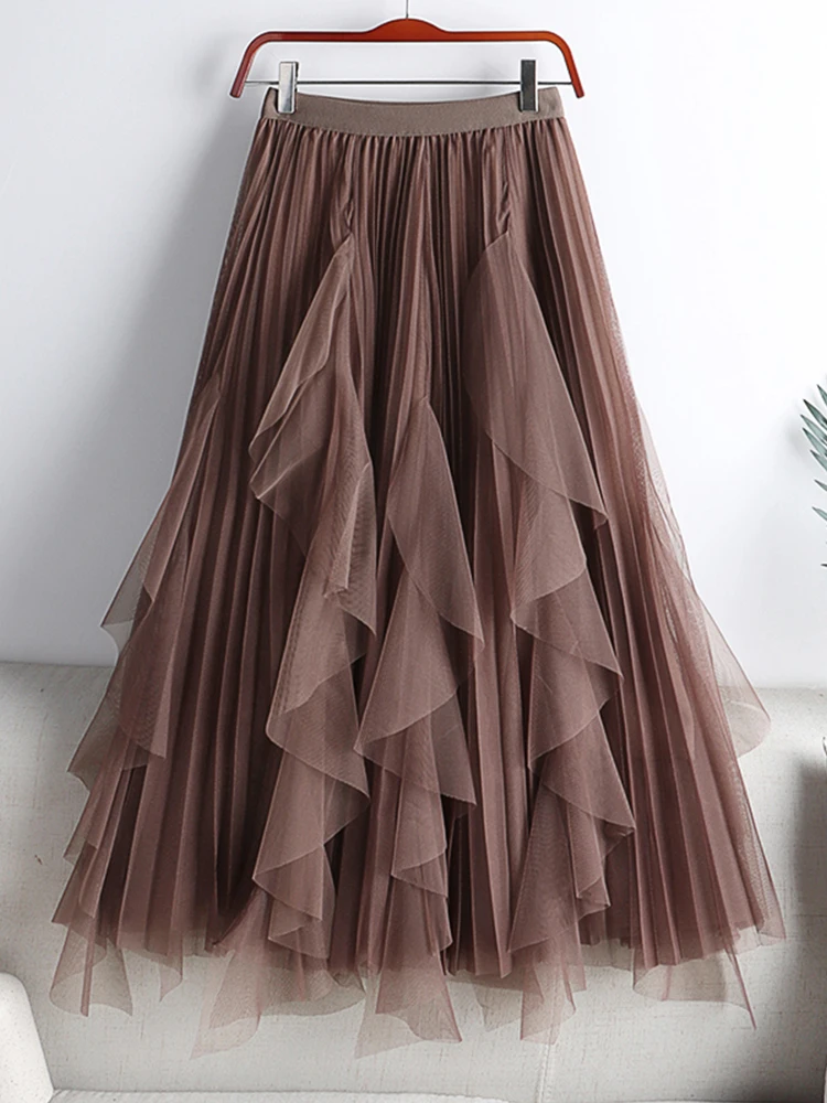 

TIGENA Women Tulle Skirt Midi 2021 New Autumn Korean Fashion Elastic High Waist Pleated Long Mesh Skirt Female Lady Brown Gray
