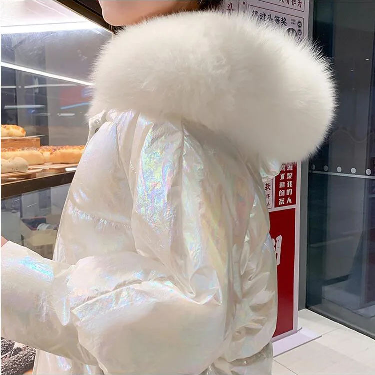 Winter Women White Duck Down Thick Jacket Pockets Large Natural Raccoon Fur Hooded Coats Warm Sleeve Loose Parkas H120502 | Женская