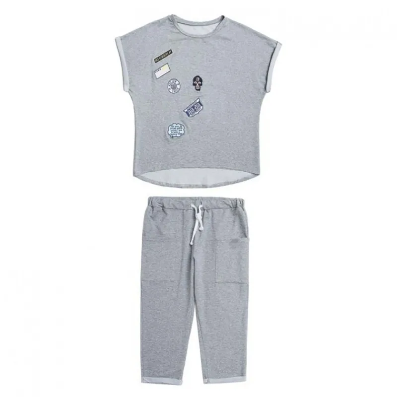 

Spring Fashion Casual O-Neck Cartoon Print T-Shirt Top And Solid Calf-Length Pants Set