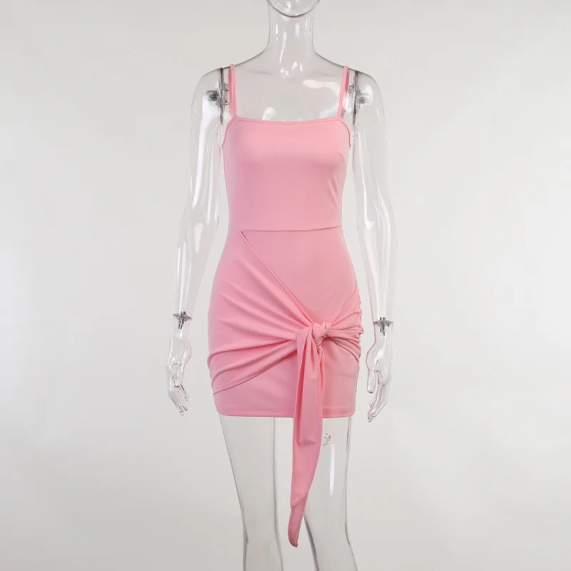 

2021 New Arrivals Summer Fashion Spaghetti Strap Bow Black Pink Solid Bodycon Sexy Night Club Women Prom Dress