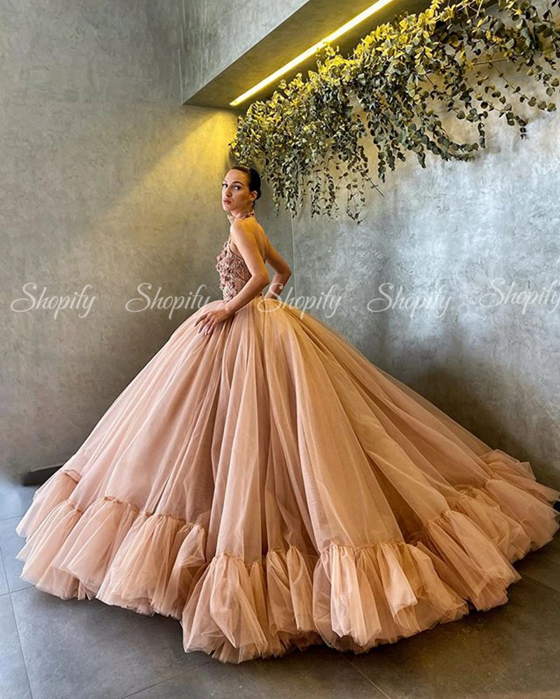 

Long Rose Pink Evening Dresses 2020 High Neck 3D Lace Flowers Arabic Dubai Women Puffy Ball Gown Evening Gowns
