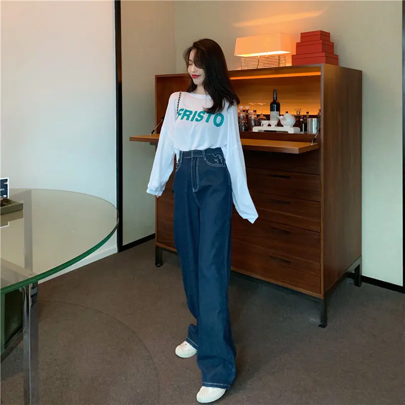 HziriP Hot Straight High Street Plus Size Embroidery 2019 Waist Loose Jeans Full-Length Denim Casual Wide Leg Trousers | Женская одежда