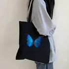 Корейская черная сумка для покупок с синей бабочкой, хлопковые винтажные женские ручные сумки, кавайная белая холщовая Сумка-тоут через плечо, сумка для покупок на молнии
