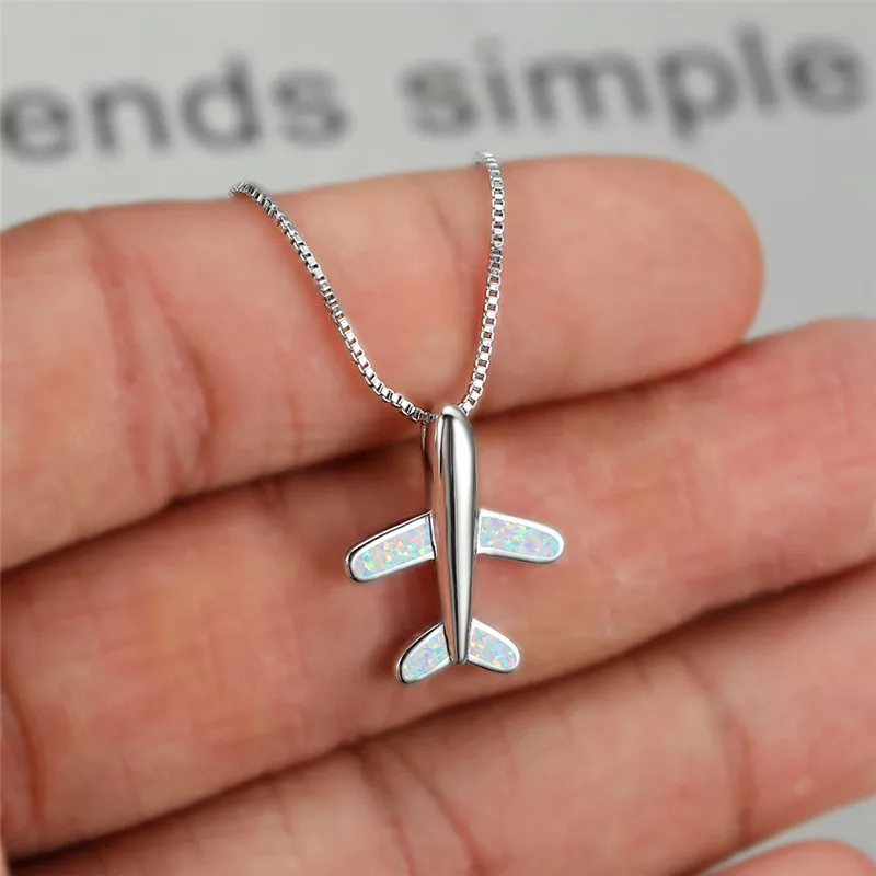 

Boho Female Blue White Pendant Necklace Rose Gold Silver Color Chain Necklaces For Women Classic Opal Aircraft Wedding Jewelry