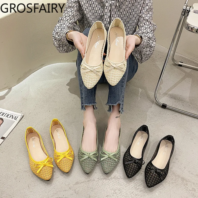 

Women's Casual Shoes 2021 Women's Summer New Bow Knot Hollow Peas Shoes Mesh Pointed Pumps Women Vulcanized Shoes