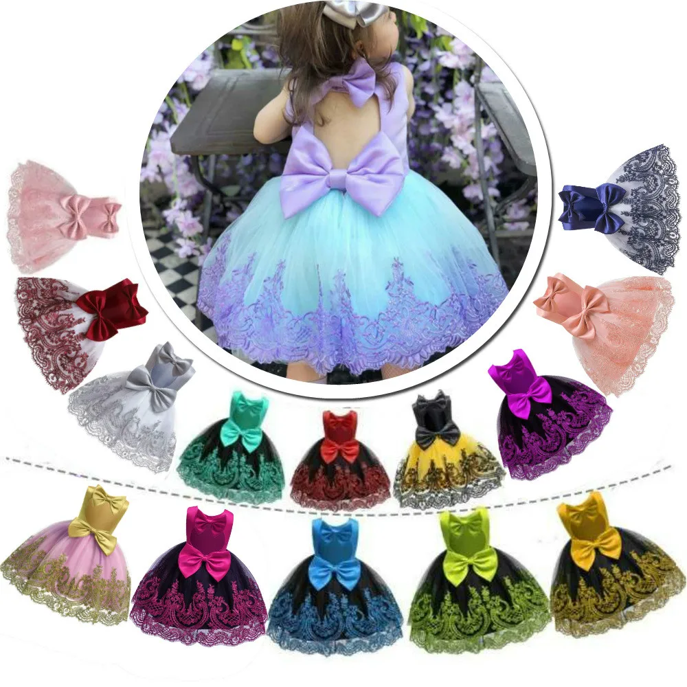 

2020 new bow lace backless children princess dress costume girls vestidos kids princess dresses for wedding party birthday gowns