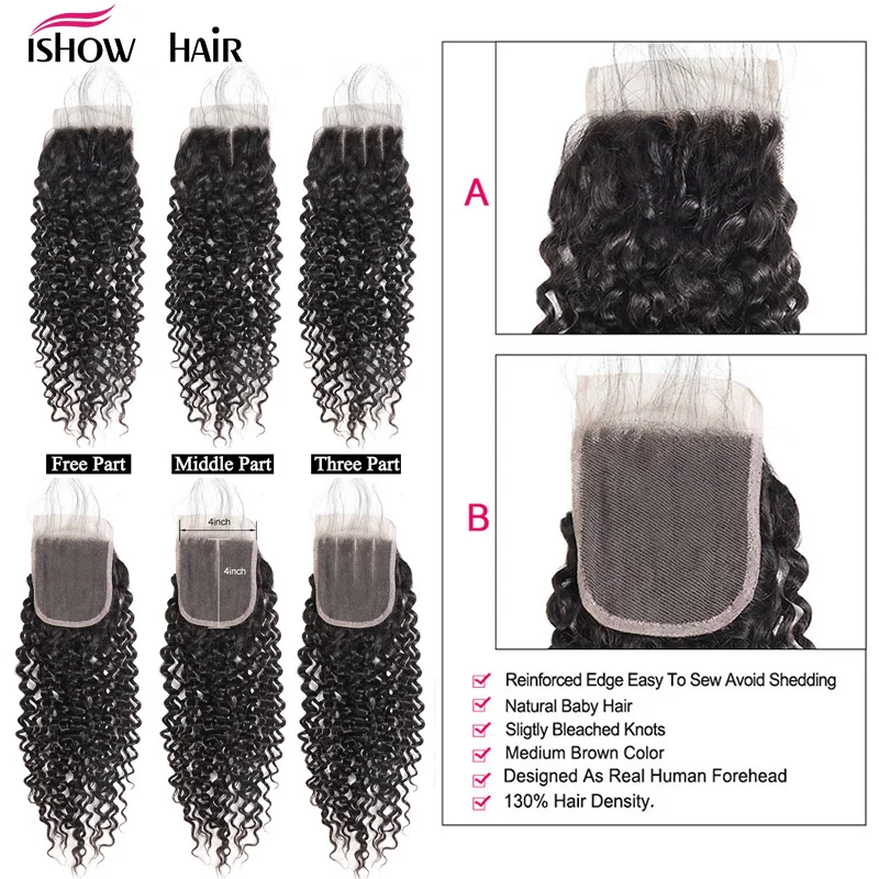 Ishow бразильские кудрявые пучки человеческих волос с закрытием 4*4 свободная часть