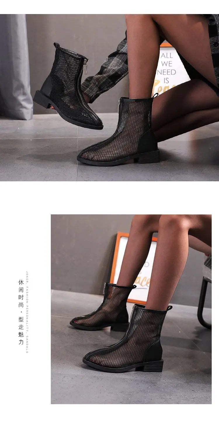 

2021 Fashion Summer Round Toe Hollow Mesh Ankle Boots Martin Boots Sandals Sexy Thick Heel Lady Platform Front Zip Shoe Female