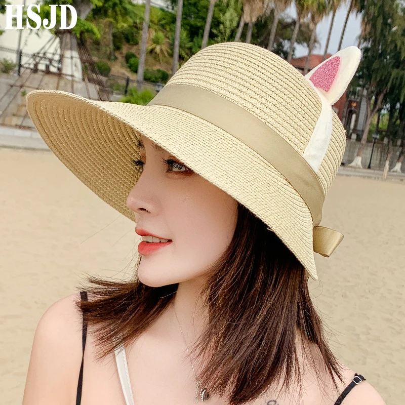 Пляжная соломенная шляпа с большими широкими полями и милыми кошачьими ушками
