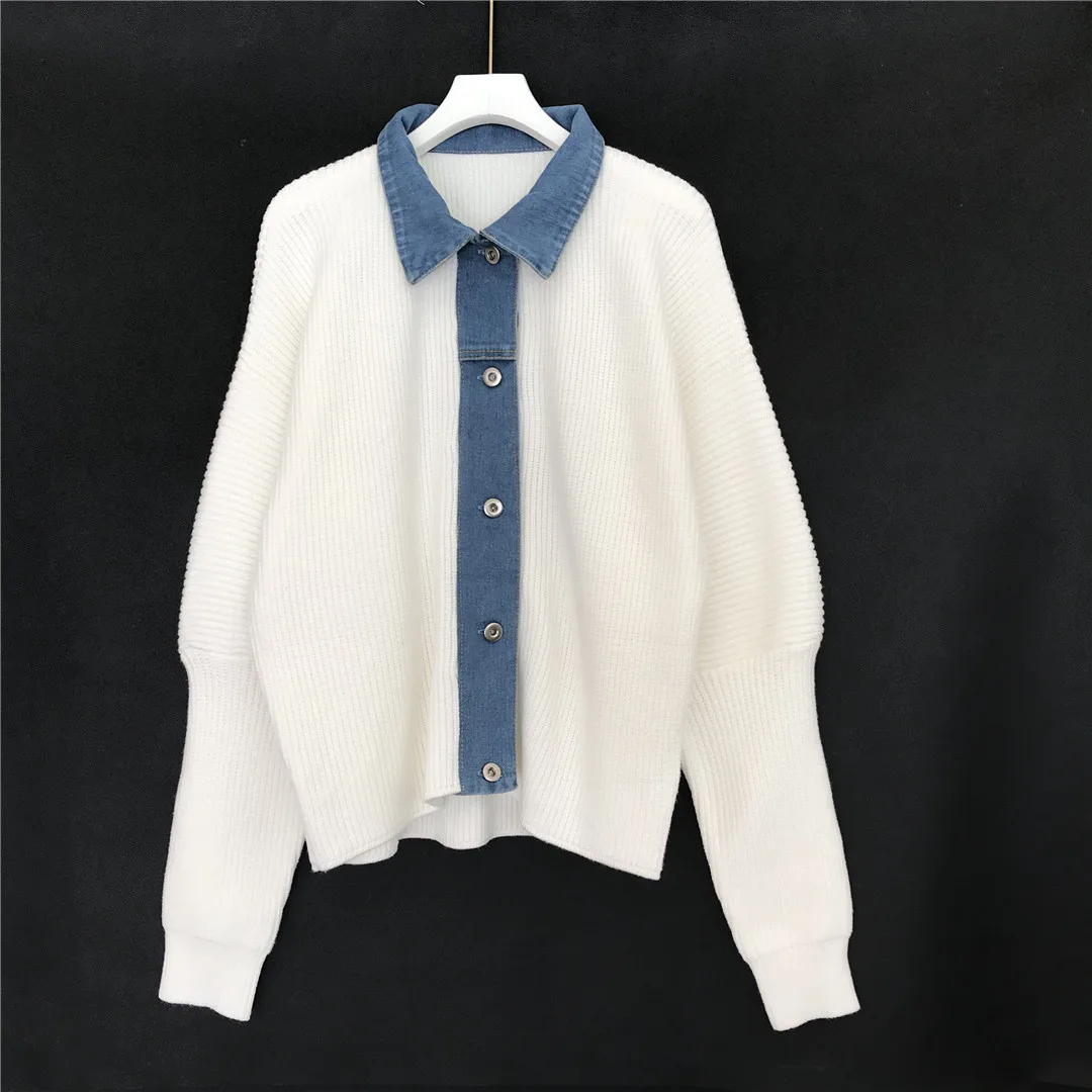 

Women's cardigan sweater stitching denim knitted cardigan trendy autumn and winter new loose fake two-piece design sweater