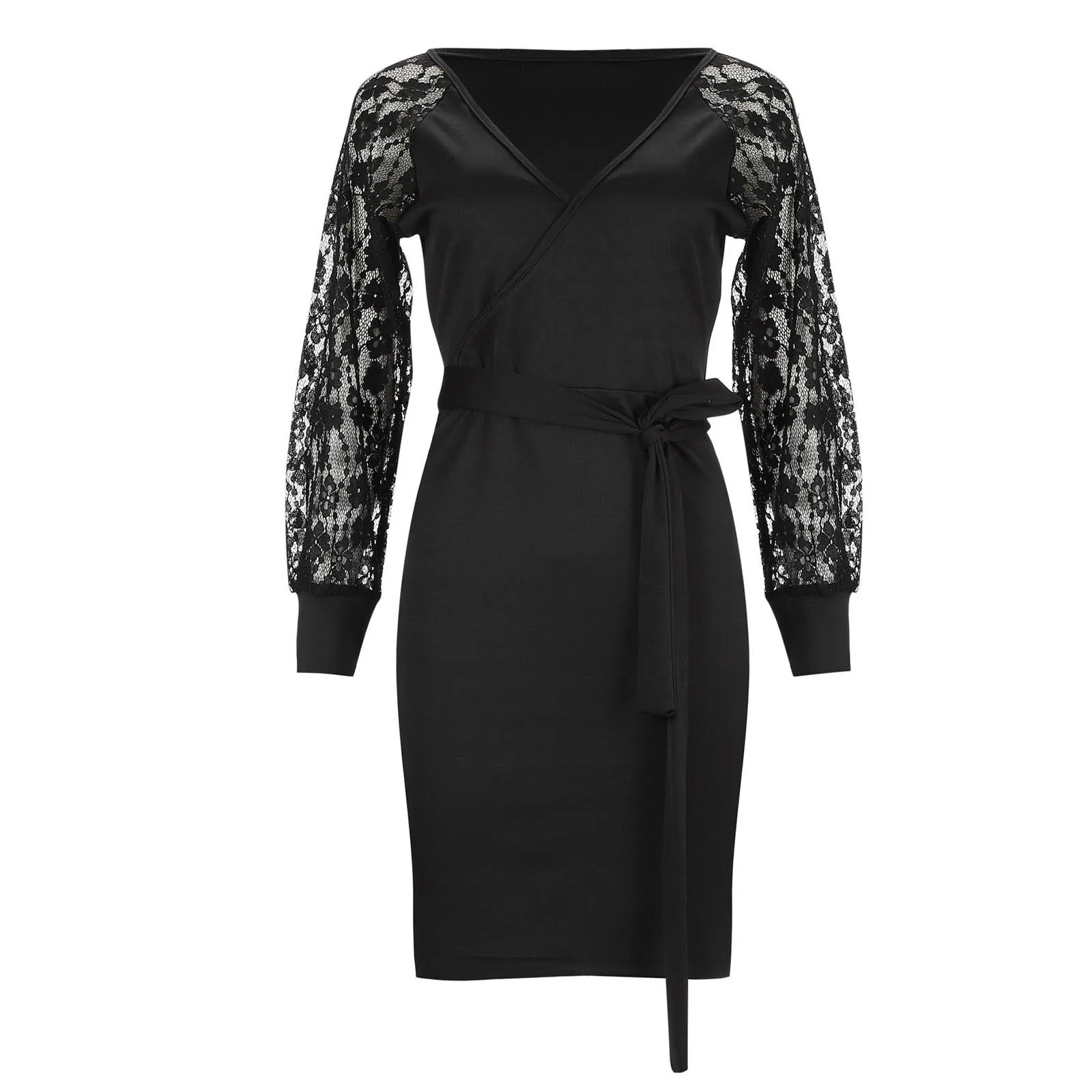 

Dresses Women Casual Summer Long Sleeve Sexy V-Neck Hollow-Out Split Lace Bandage Solid Women Dress 2021