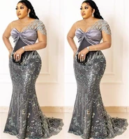 plus size grey mermaid prom dresses sheer neck appliqued lace beaded evening formal party gown long sleer sleeves custom made