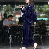 two piece set female 2021 spring autumn female gold velvet suit women fashion loose casual sports wide leg pants ropa mujer
