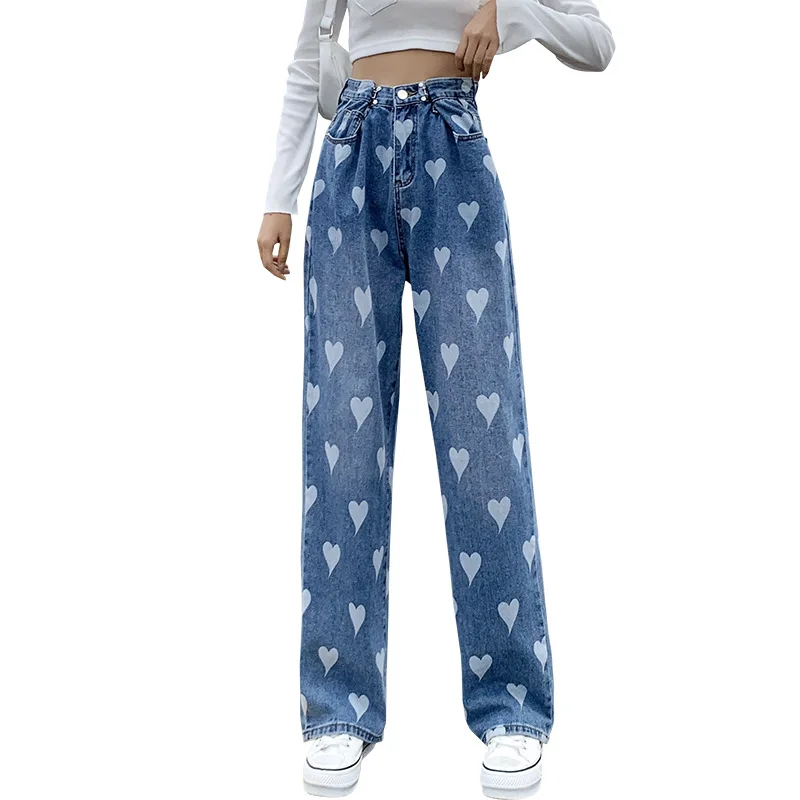 

Heart Printed Blue Jeans Women High Waist Straight Casual Streetwear Denim Trousers Waist Adjustable Loose Denim Wide Leg Pants