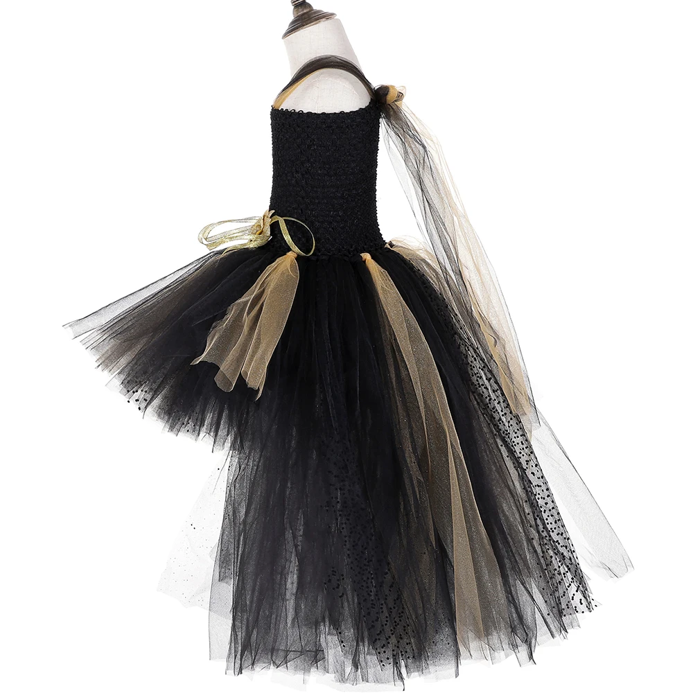 Gold &amp Black Girls Tutu Dress with Train Princess Flower Girl Tulle Kids Wedding Evening Birthday Party Dresses Ball Gown | Детская