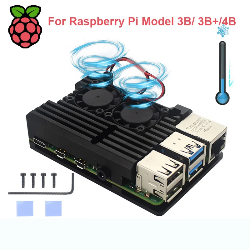 Raspberry Pi 4 Алюминиевый металлический чехол 3 Чехол Коробка с двойным вентилятором
