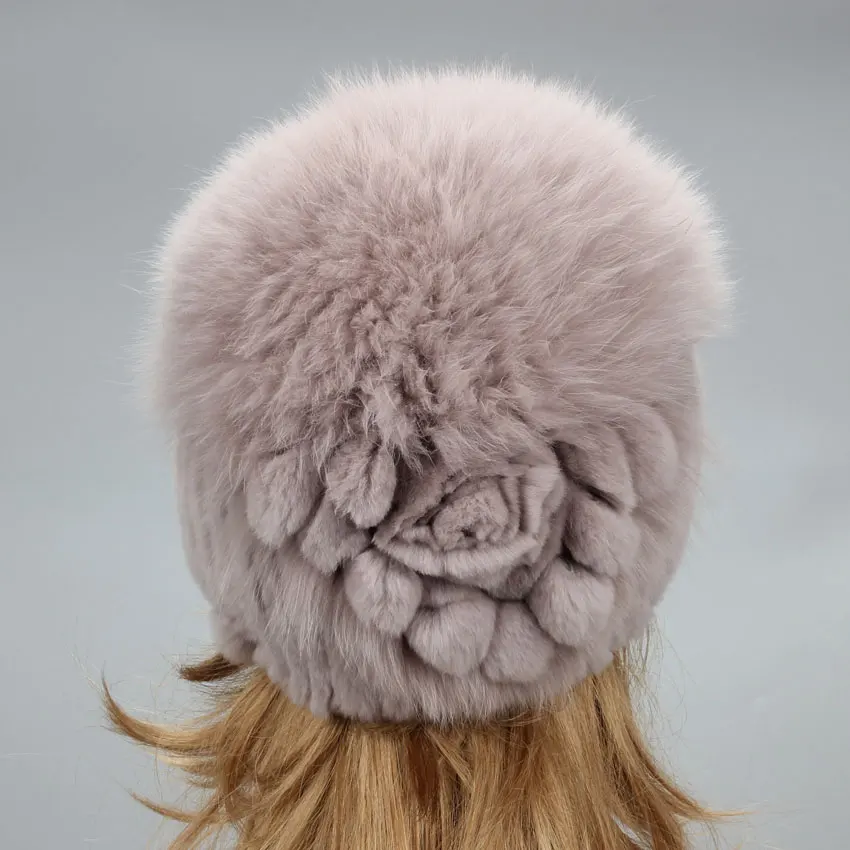 

Winter Fur Hat Natural Rex Rabbit Women's Warm Hats Novelty Knitted Stylish Fashionable Genuine Fox Floral Ladies Female Fur Cap