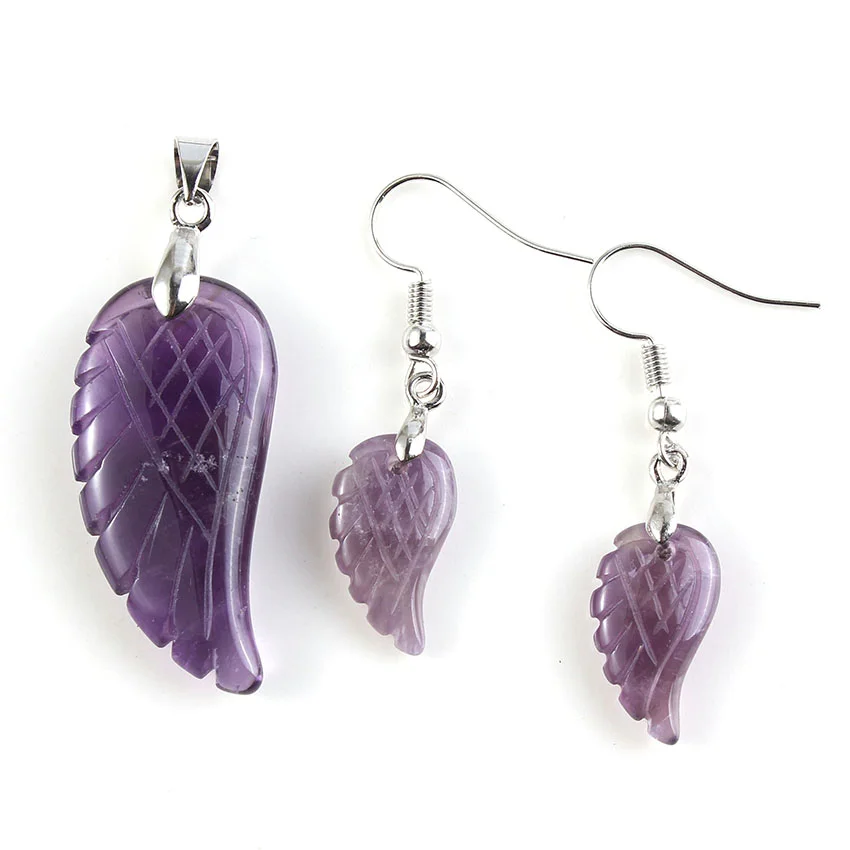 

100-Uniqe 1 Set Silver Plated Natural Purple Amethysts Angel Wing Pendant Elegant Women's Earring Jewelry Set