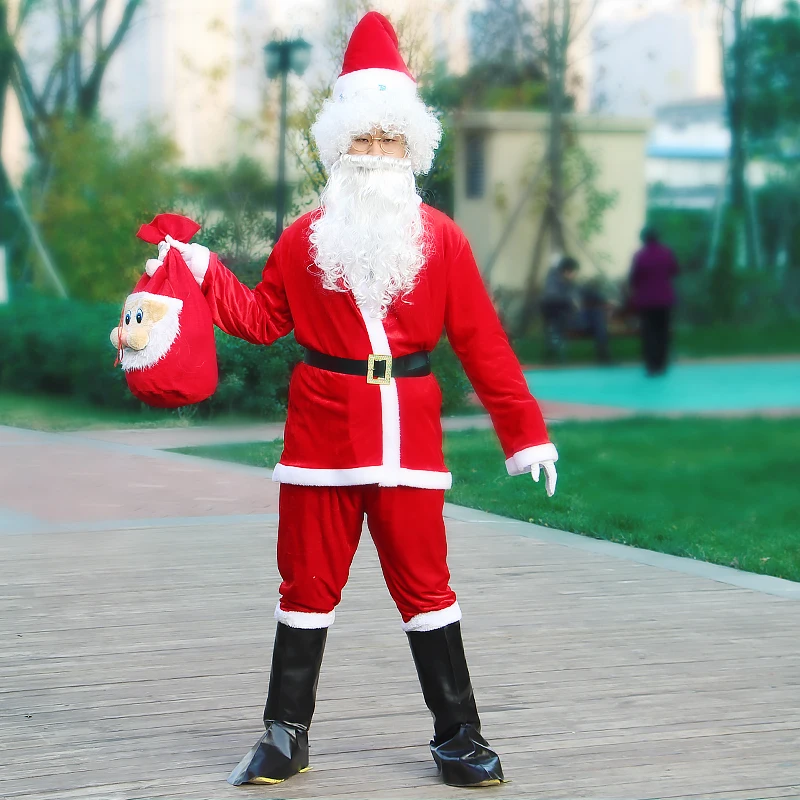 Santa Claus Costume Suit Plush Father Fancy Clothes Xmas Adult Cosplay Props Men Coat Pants Beard Belt Hat Christmas Set | Тематическая