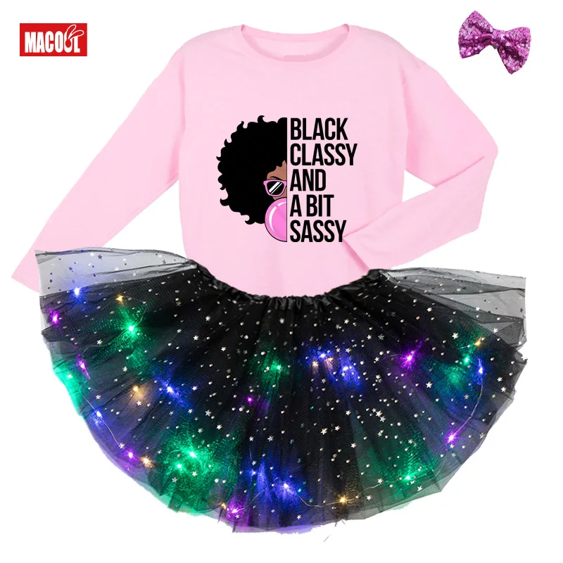 

Kids Princess Dresses for Girls Dress Sets Party Casual Dress Black African Curly Hair Girl Short Sleeve Printed T-shirt+Skirt